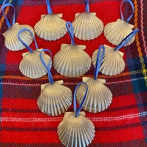 Lot of 10 Gold Shell Ornaments with Blue Velvet Ribbon